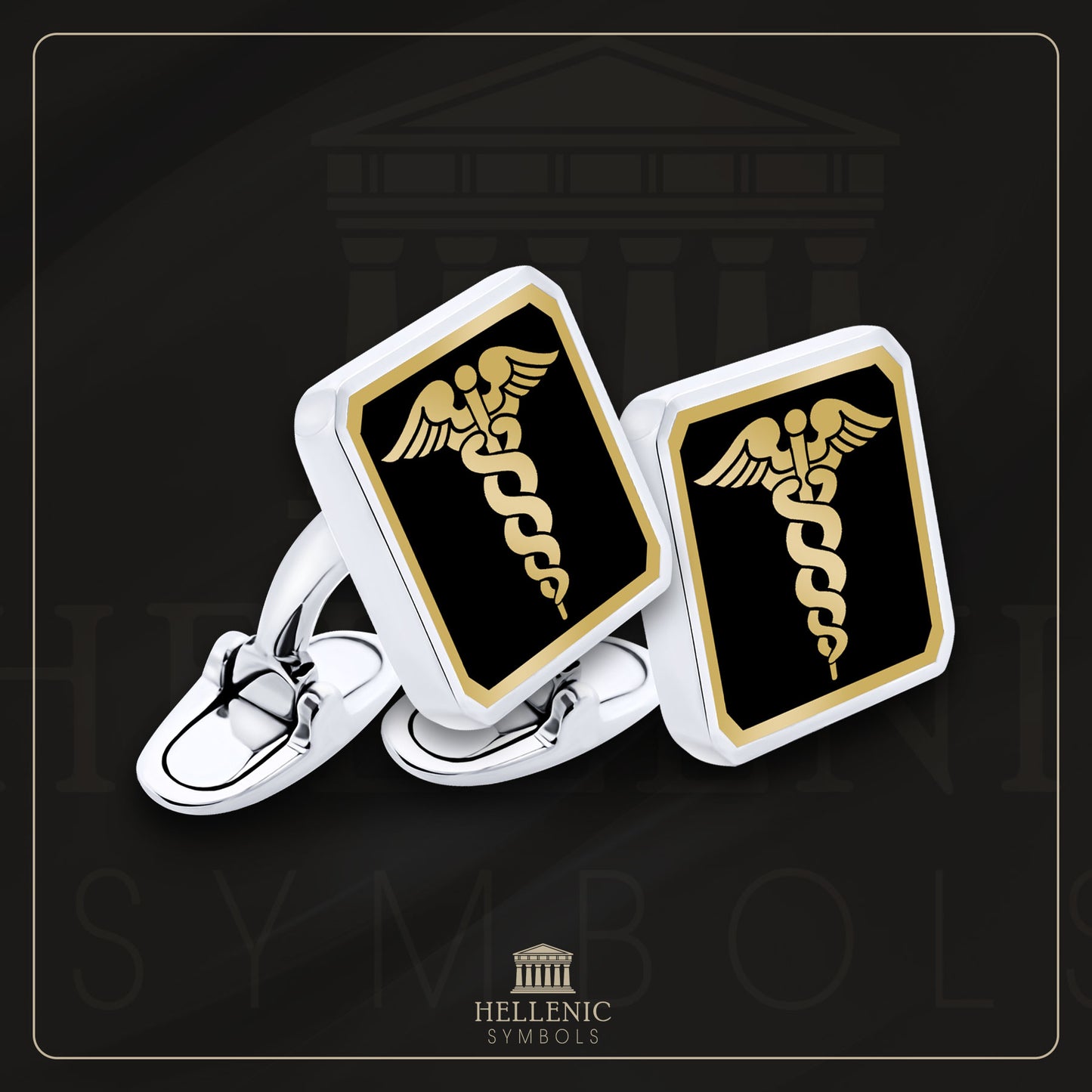 Caduceus / 925 silver Cufflinks with enamel